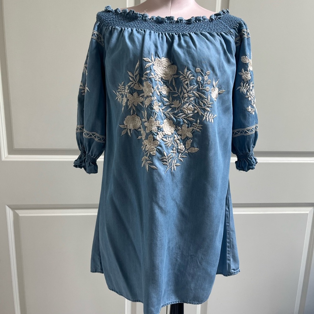 Zara Blue Embroidered Off-Shoulder Top NWOT